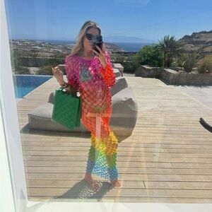 Pitusa Rainbow Crochet Maxi Dress in Pink, Orange, Yellow, Green, Blue